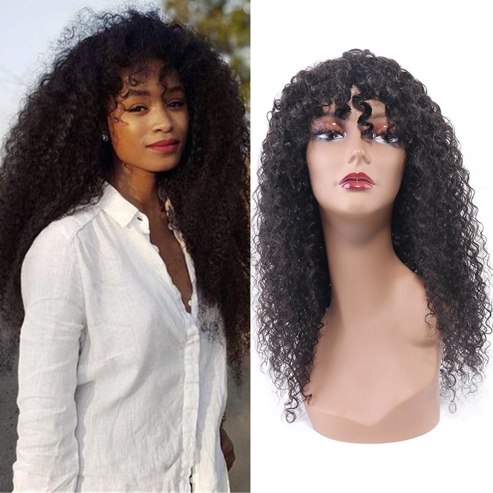 Curly Wave Human Hair Wigs with Bangs Virgin Deep Curly None Lace Front Wigs For Black Women Glueless Machine Made Wigs Natural Black 180% Density